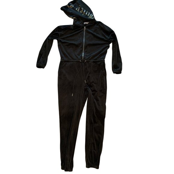 Juicy Couture L Black Velour Hooded Jumpsuit Drawstring Zipper Closure 8237 - Picture 3 of 13